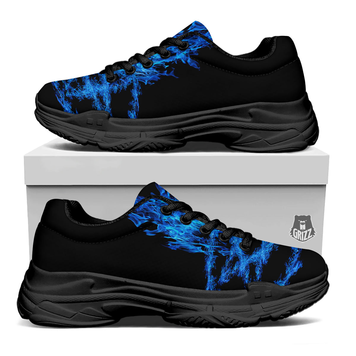 Pentagram Blue Flame Print Black Chunky Shoes-grizzshop