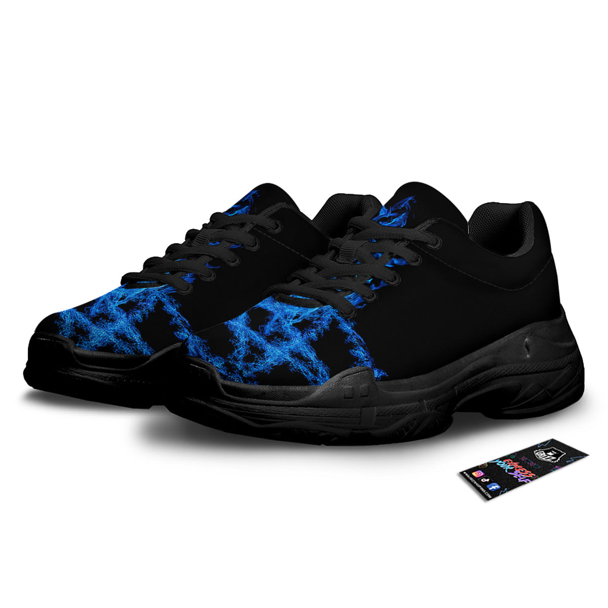 Pentagram Blue Flame Print Black Chunky Shoes-grizzshop