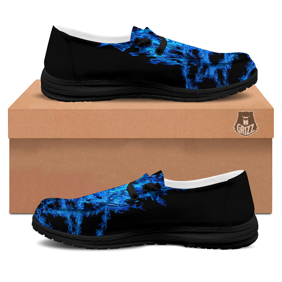 Pentagram Blue Flame Print Black Loafers-grizzshop