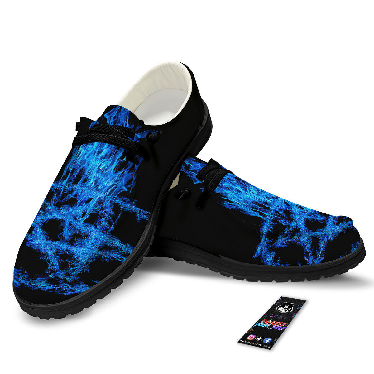 Pentagram Blue Flame Print Black Loafers-grizzshop