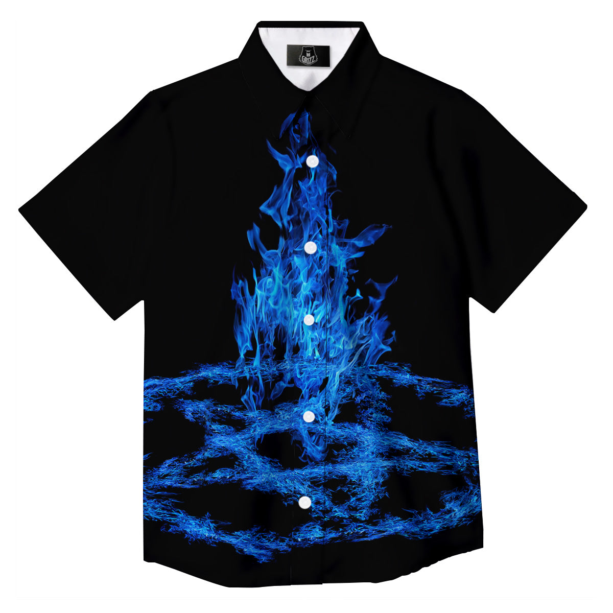 Pentagram Blue Flame Print Button Up Shirt-grizzshop
