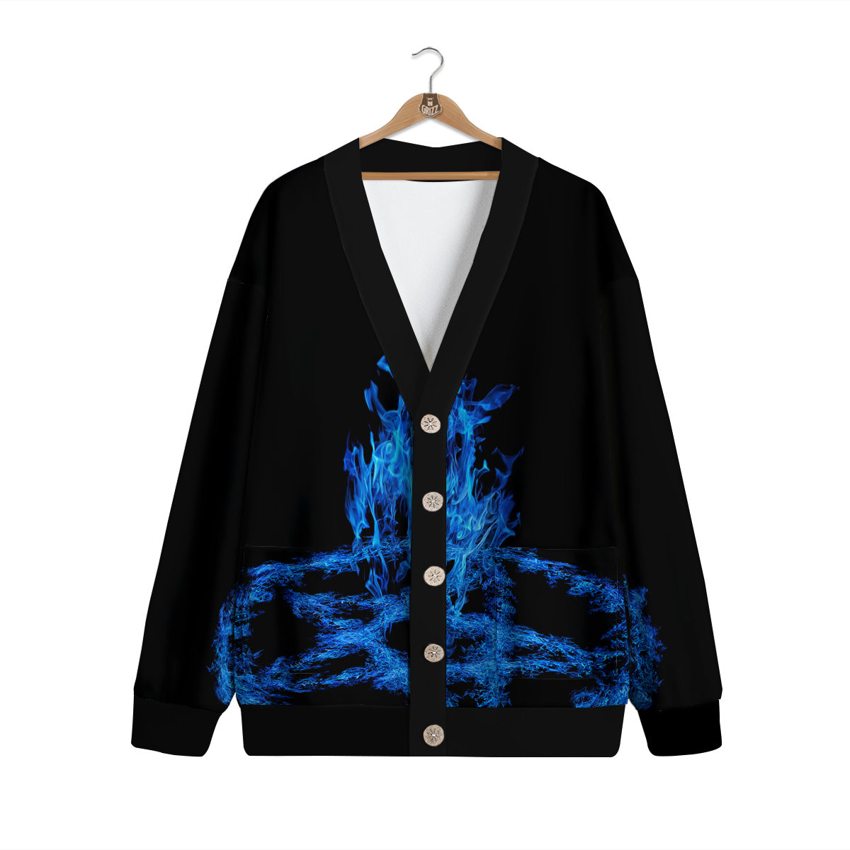 Pentagram Blue Flame Print Cardigan-grizzshop