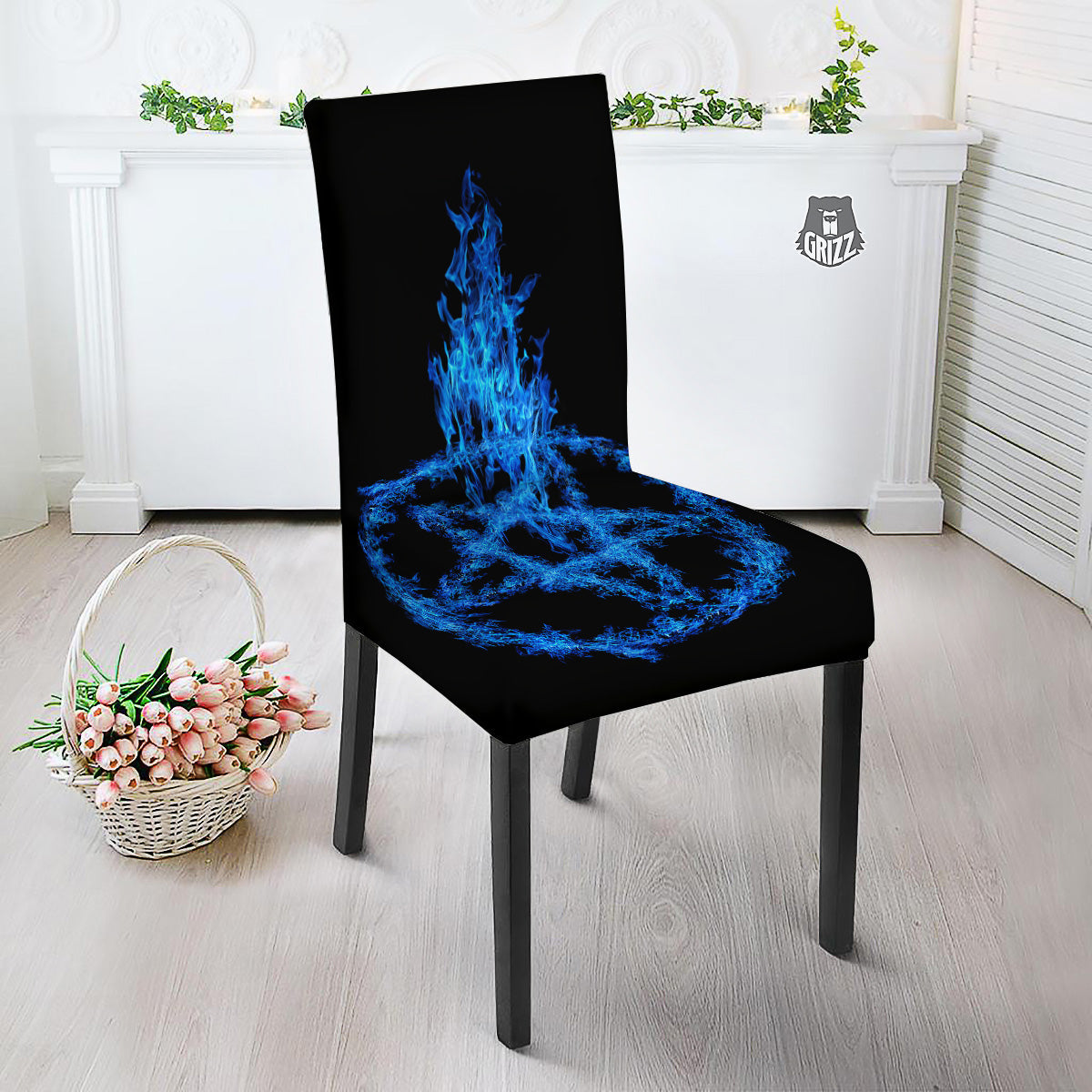 Pentagram Blue Flame Print Dining Chair Slipcover-grizzshop