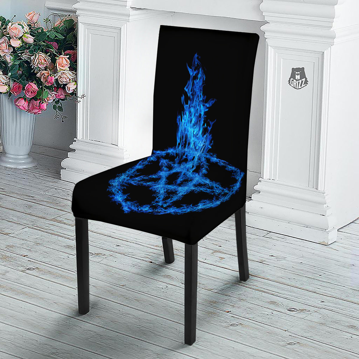 Pentagram Blue Flame Print Dining Chair Slipcover-grizzshop