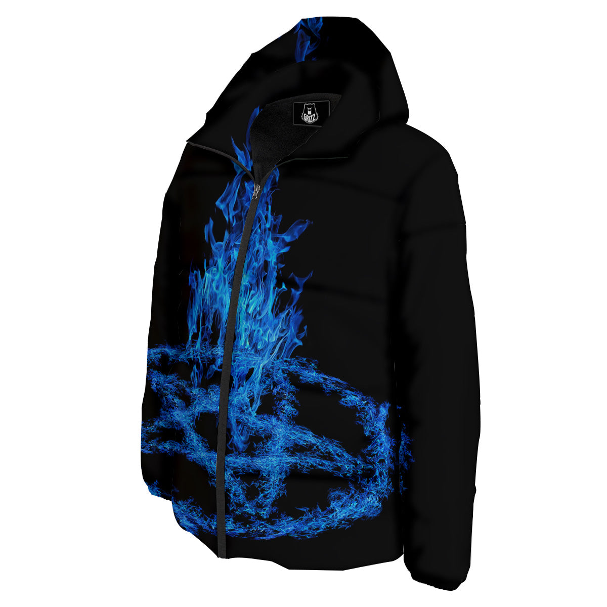 Pentagram Blue Flame Print Down Jacket-grizzshop