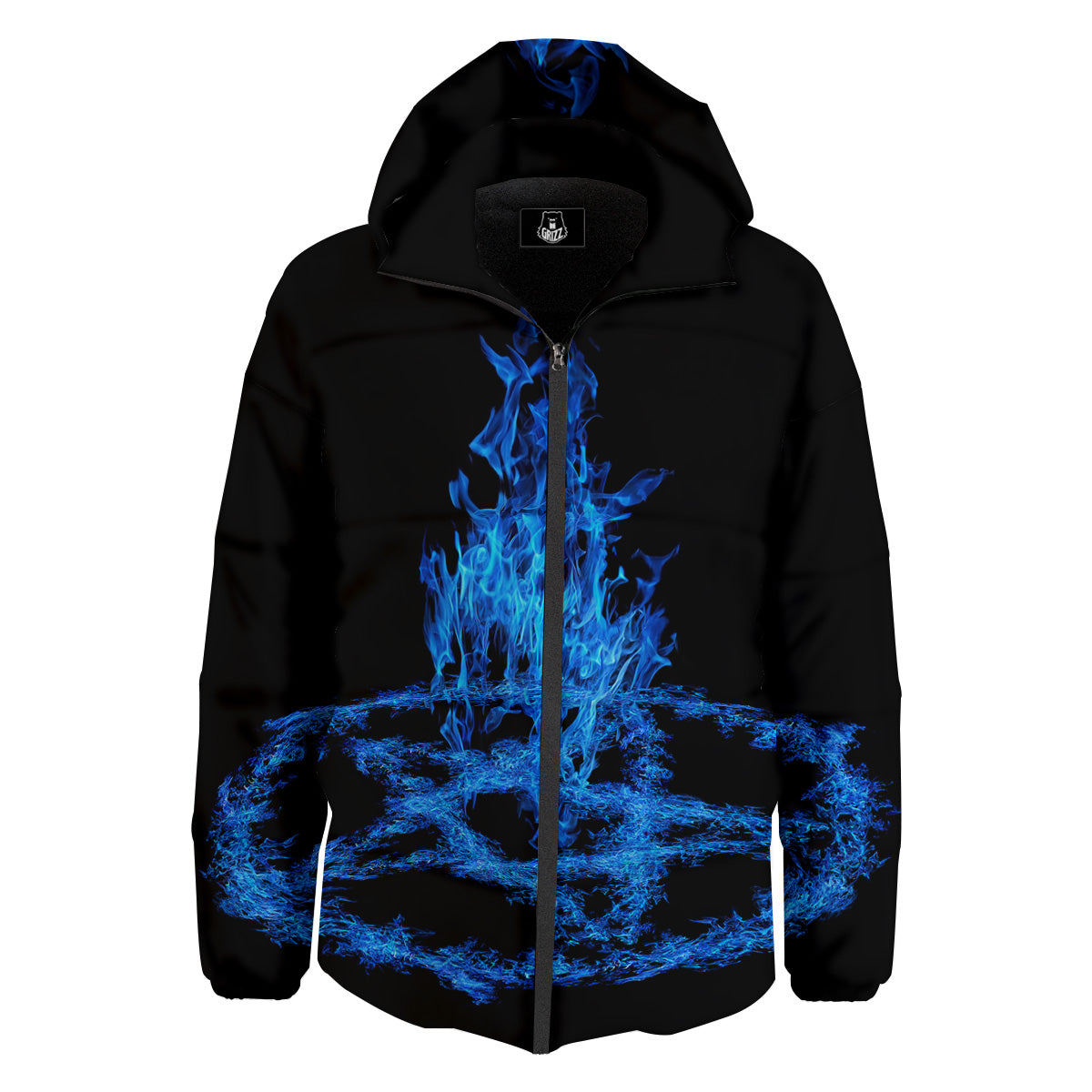 Pentagram Blue Flame Print Down Jacket-grizzshop