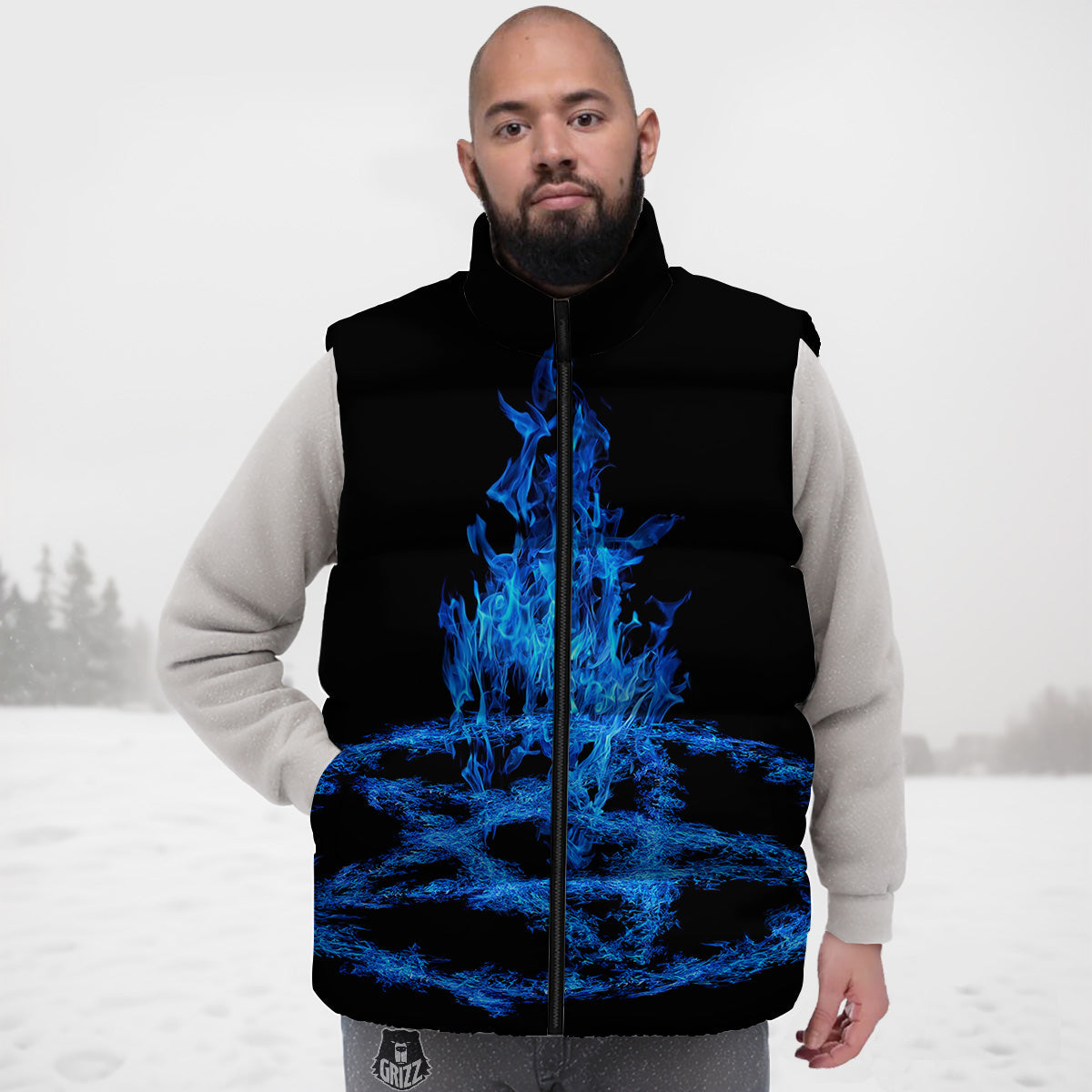 Pentagram Blue Flame Print Down Vest