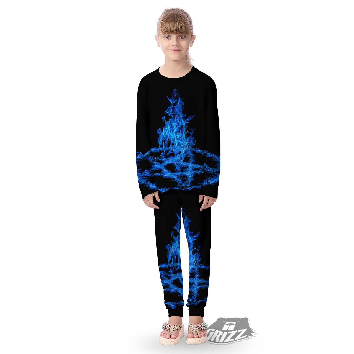 Pentagram Blue Flame Print Kid's Pajamas-grizzshop