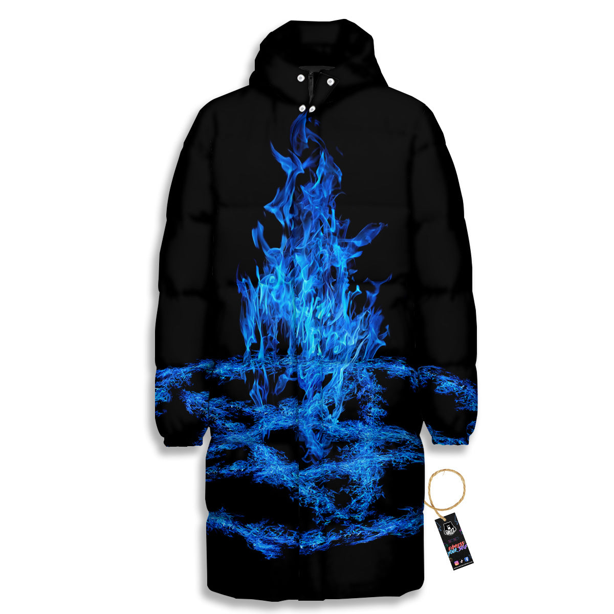 Pentagram Blue Flame Print Long Down Jacket-grizzshop