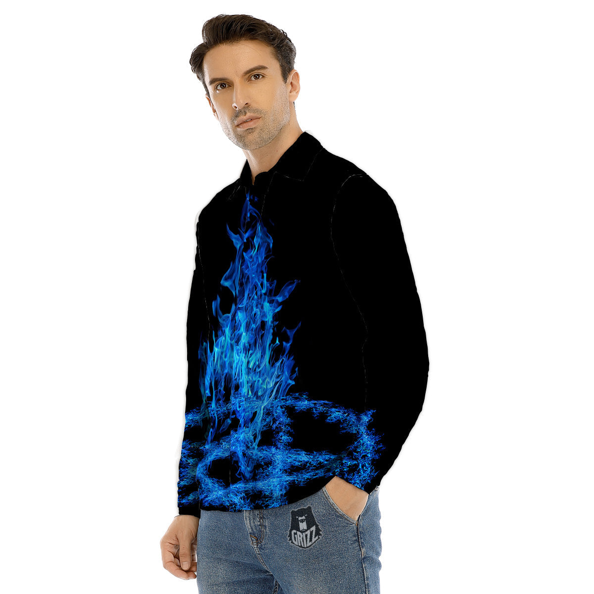 Pentagram Blue Flame Print Men's Dress Shirts-grizzshop