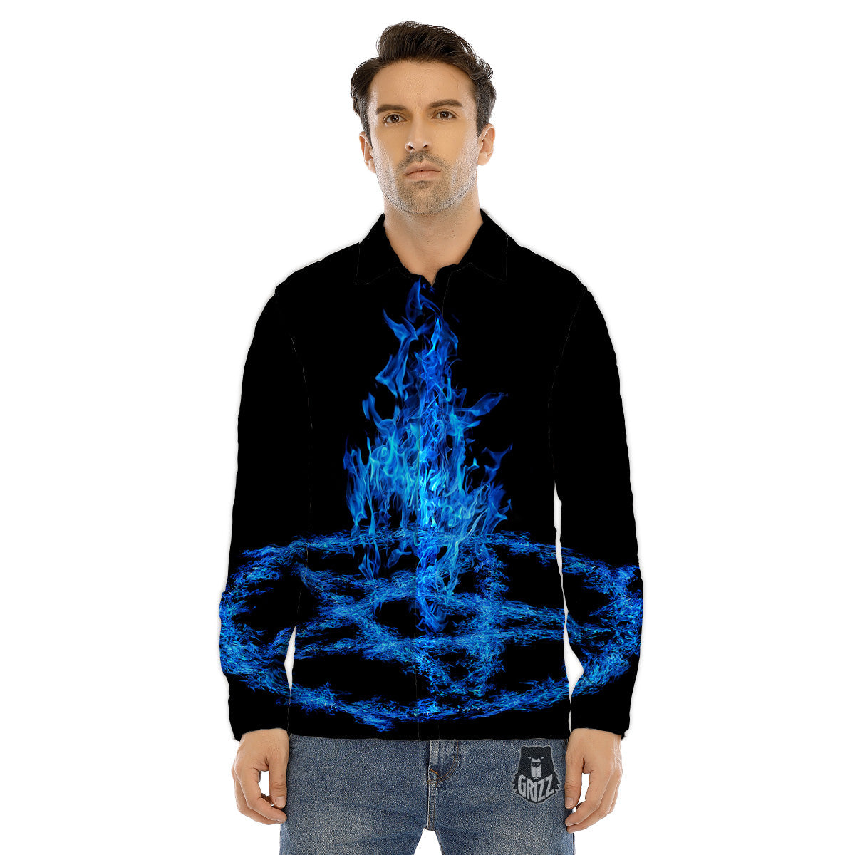 Pentagram Blue Flame Print Men's Dress Shirts-grizzshop