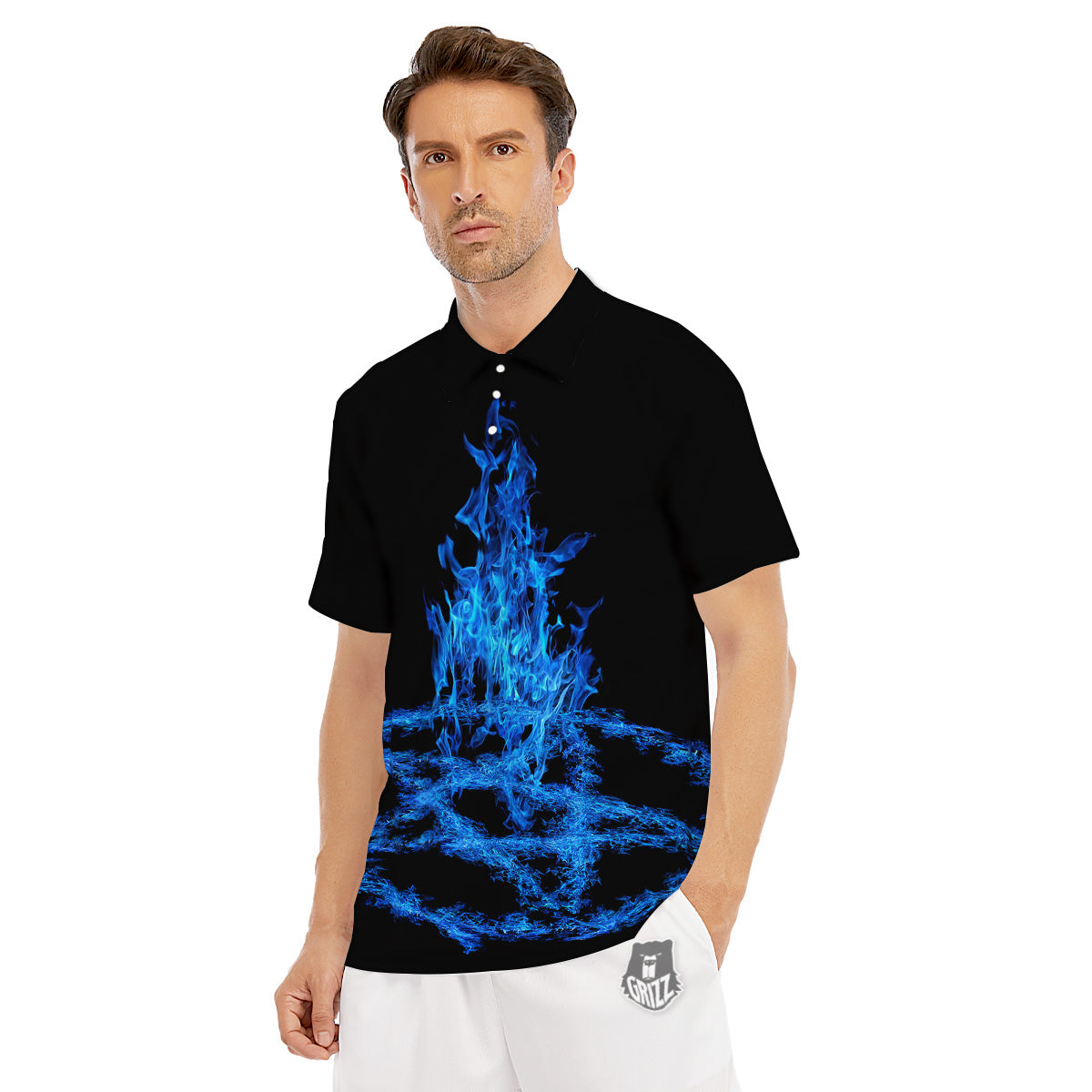 Pentagram Blue Flame Print Men's Golf Shirts-grizzshop