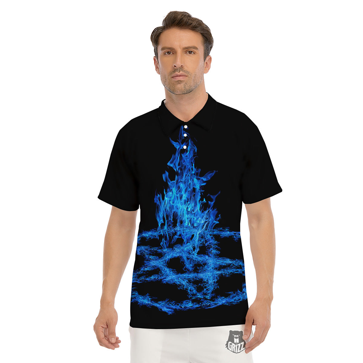 Pentagram Blue Flame Print Men's Golf Shirts-grizzshop