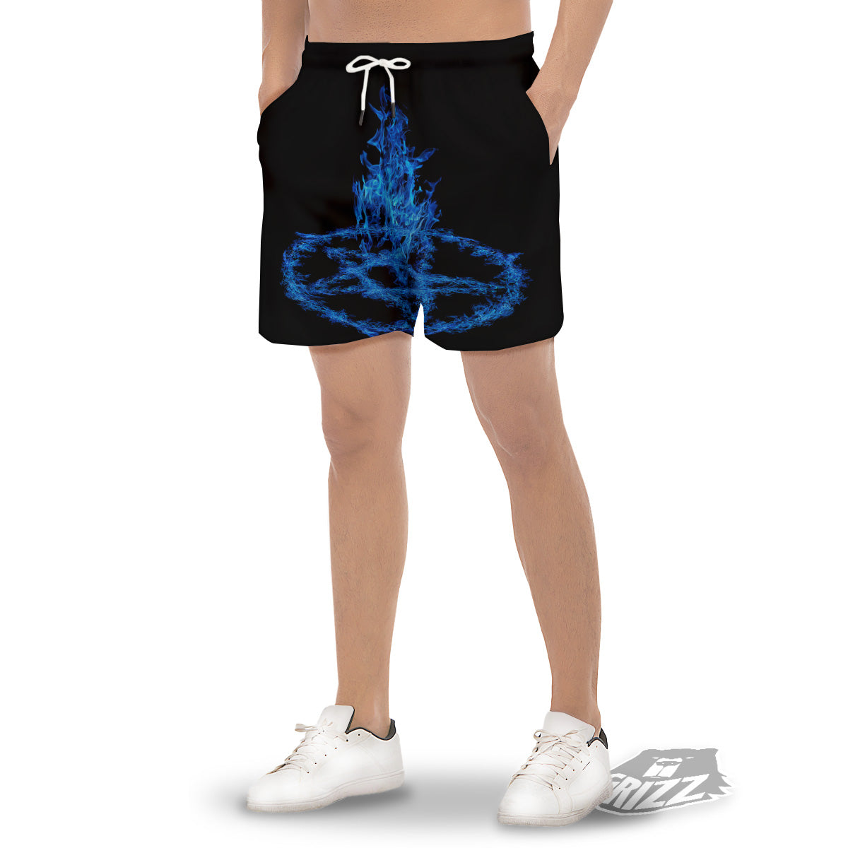 Pentagram Blue Flame Print Men's Gym Shorts-grizzshop