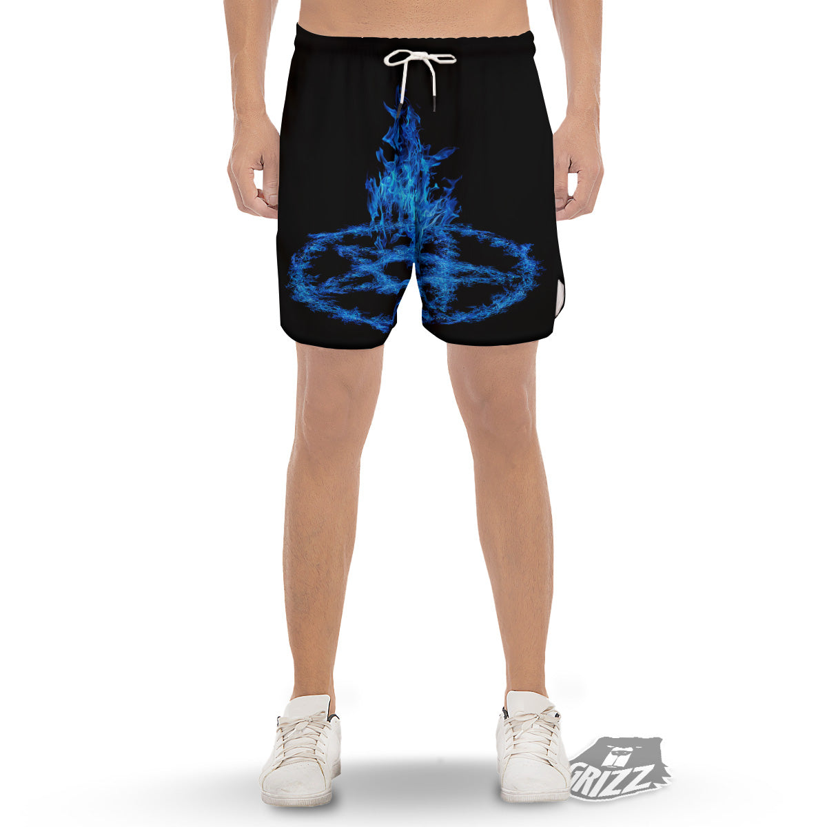 Pentagram Blue Flame Print Men's Gym Shorts-grizzshop