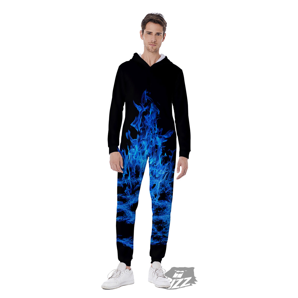 Pentagram Blue Flame Print Men's Jumpsuit-grizzshop