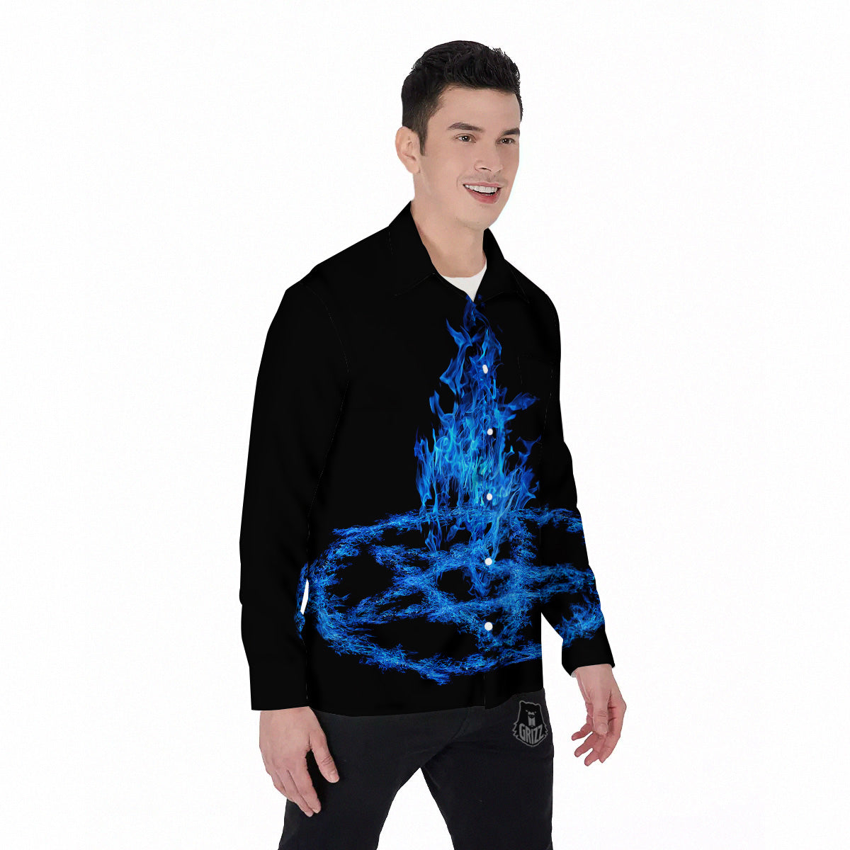Pentagram Blue Flame Print Men's Long Sleeve Shirts-grizzshop
