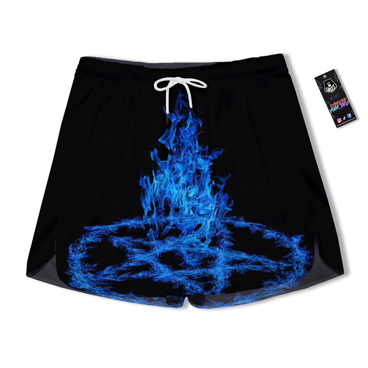 Pentagram Blue Flame Print Men's Running Shorts-grizzshop