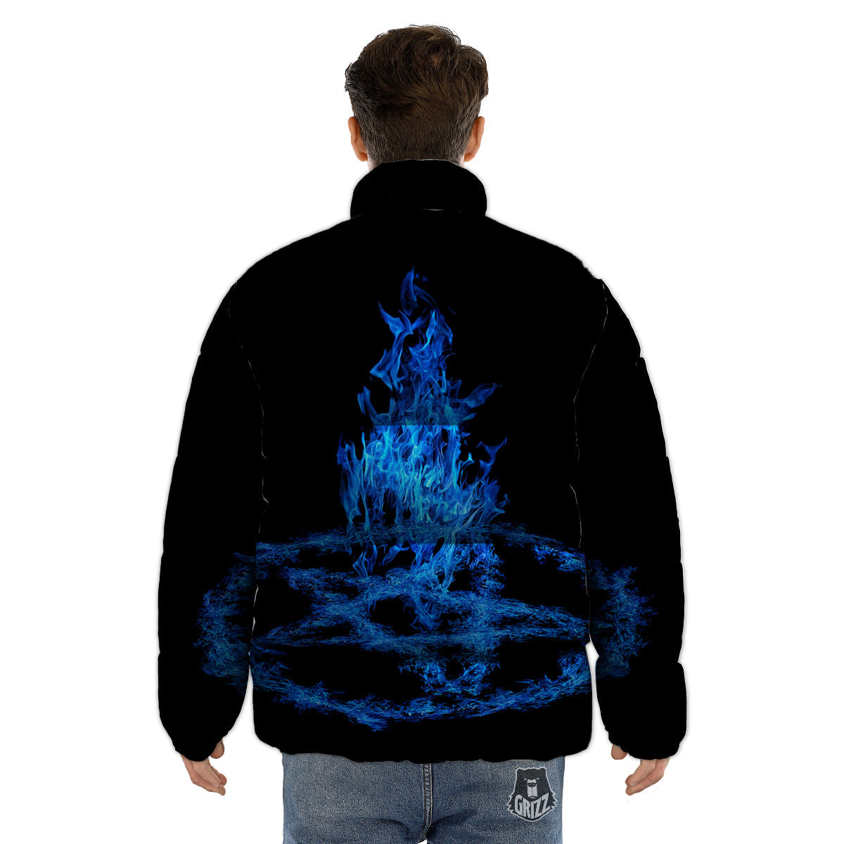 Pentagram Blue Flame Print Puffer Jacket-grizzshop