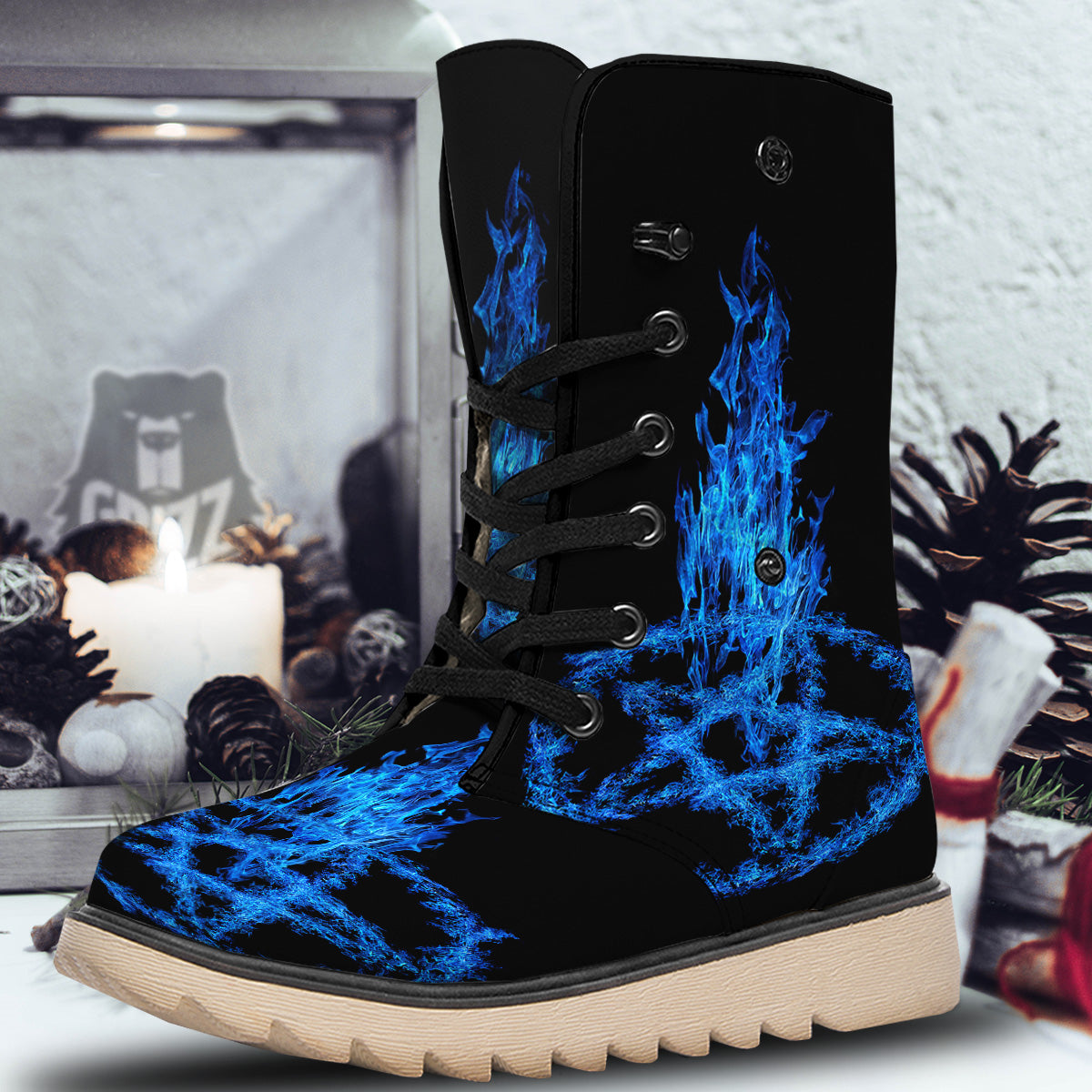 Pentagram Blue Flame Print Snow Boots-grizzshop
