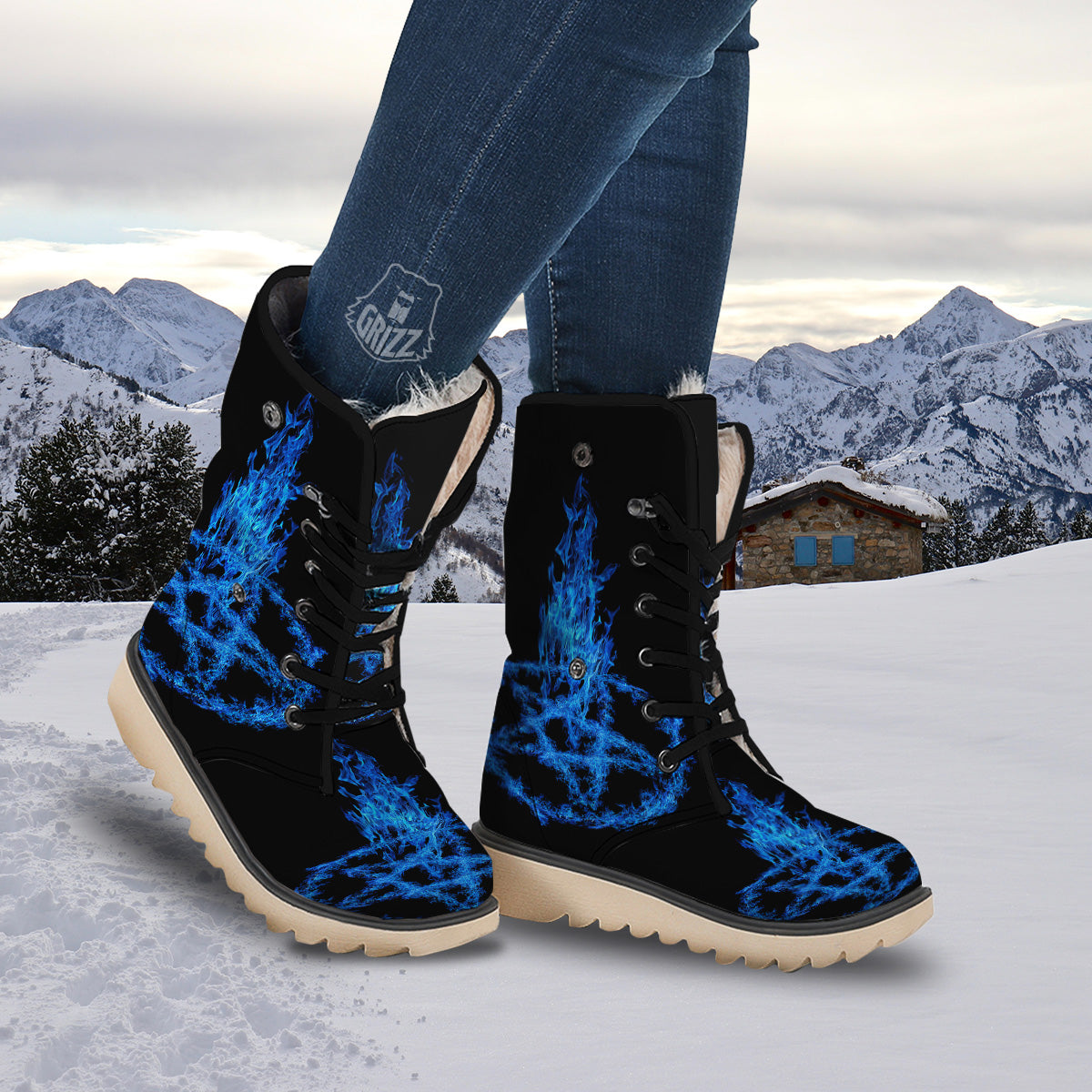 Pentagram Blue Flame Print Snow Boots-grizzshop