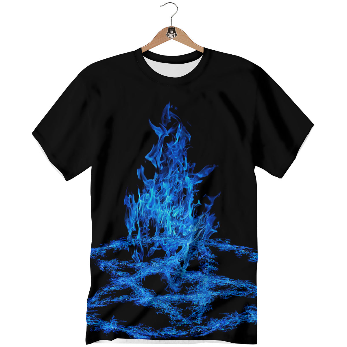 Pentagram Blue Flame Print T-Shirt-grizzshop