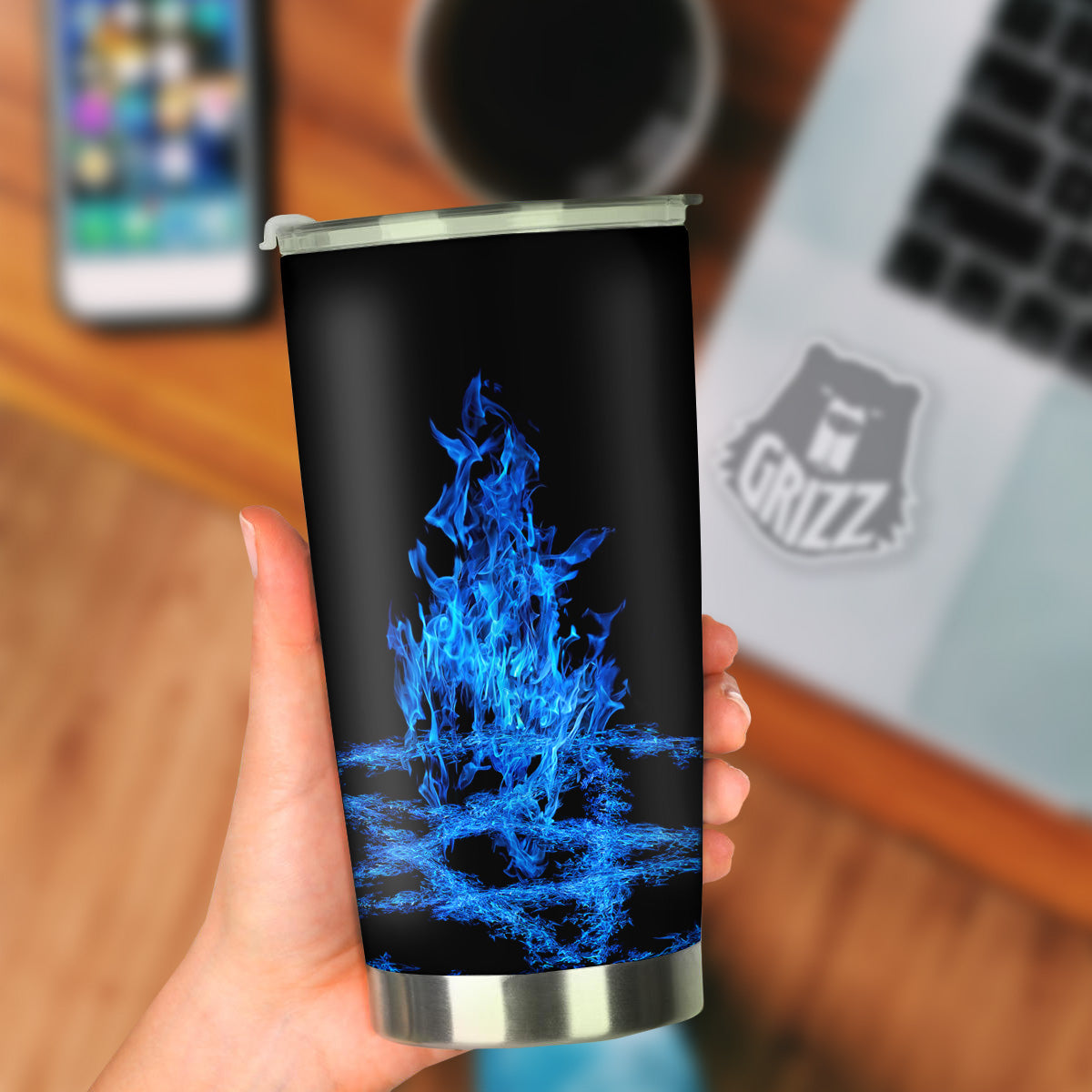 Pentagram Blue Flame Print Tumbler-grizzshop