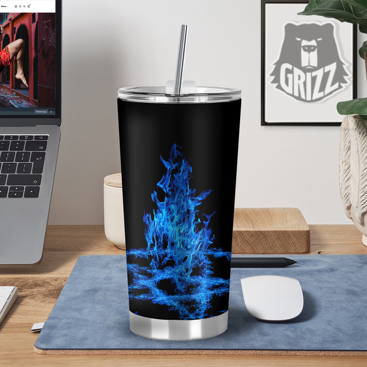 Pentagram Blue Flame Print Tumbler-grizzshop