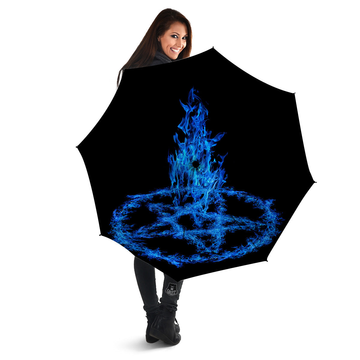 Pentagram Blue Flame Print Umbrella-grizzshop
