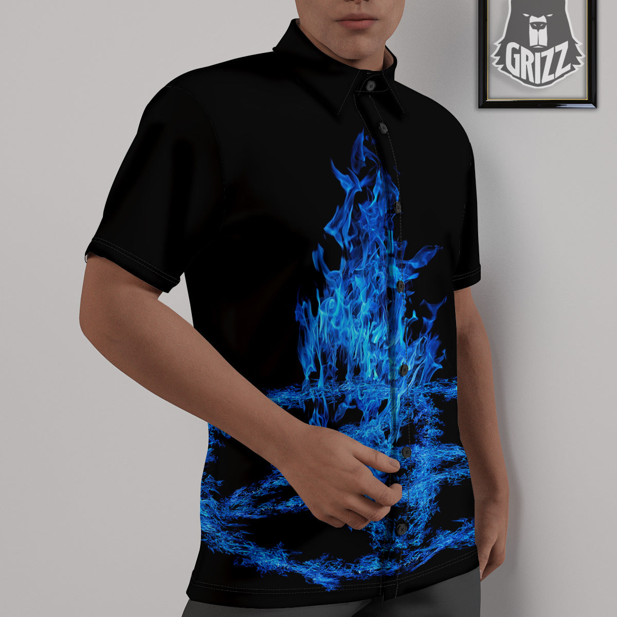 Pentagram Blue Flame Print Untucked Shirts-grizzshop