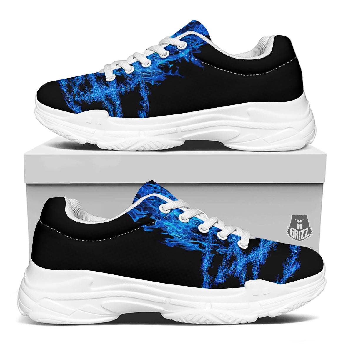 Pentagram Blue Flame Print White Chunky Shoes-grizzshop