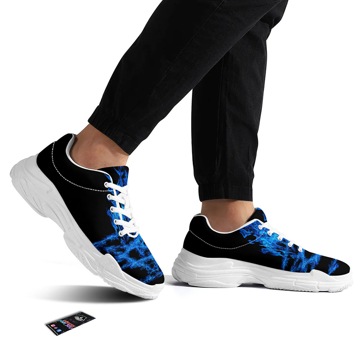 Pentagram Blue Flame Print White Chunky Shoes-grizzshop