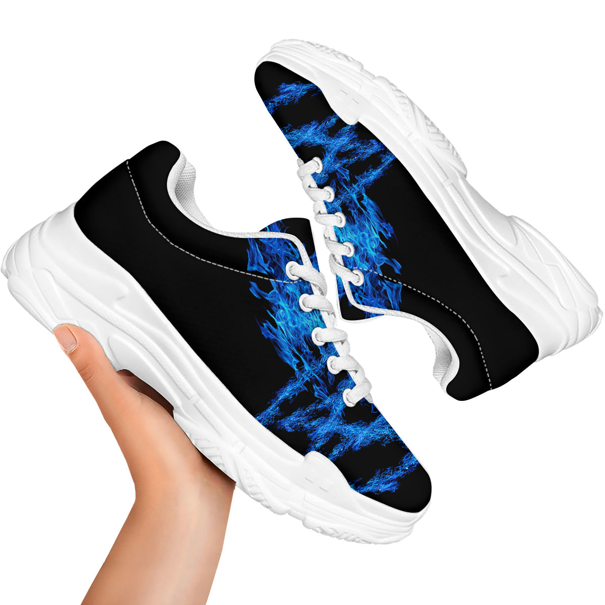 Pentagram Blue Flame Print White Chunky Shoes-grizzshop