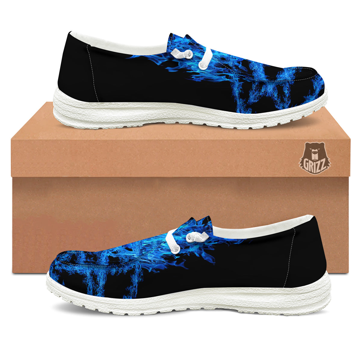 Pentagram Blue Flame Print White Loafers-grizzshop