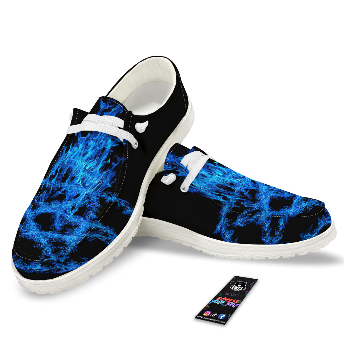 Pentagram Blue Flame Print White Loafers-grizzshop