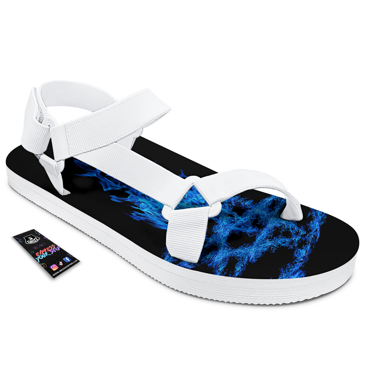 Pentagram Blue Flame Print White Open Toe Sandals-grizzshop