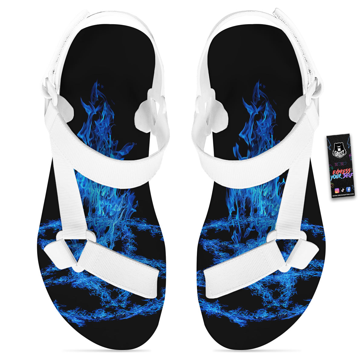 Pentagram Blue Flame Print White Open Toe Sandals-grizzshop