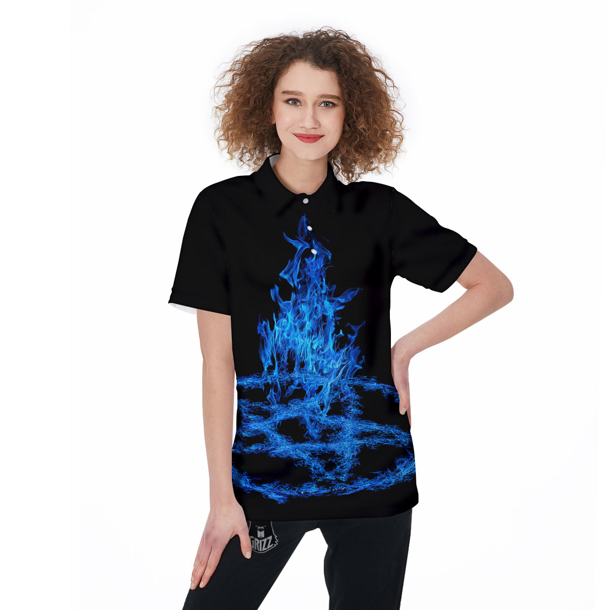 Pentagram Blue Flame Print Women's Golf Shirts-grizzshop