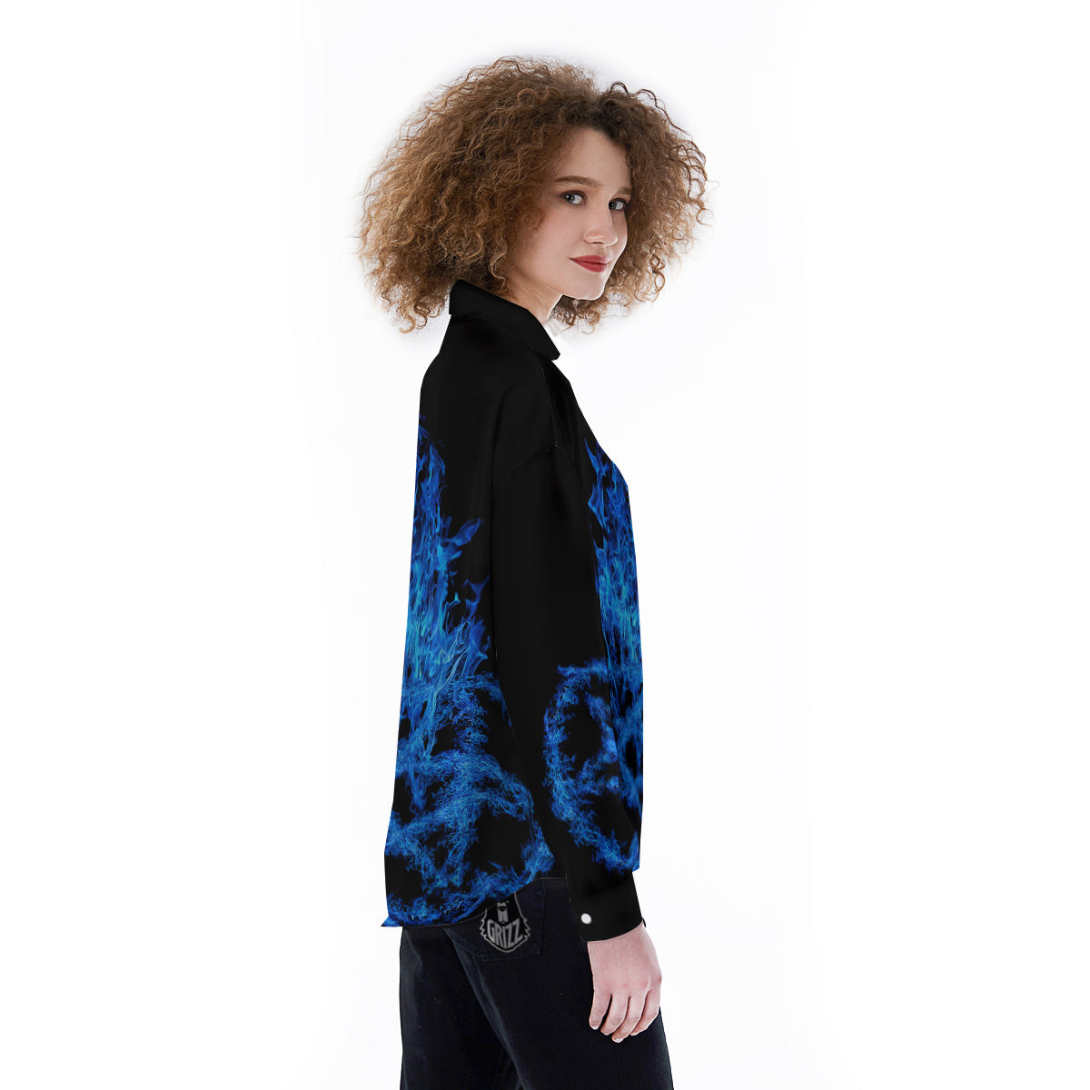 Pentagram Blue Flame Print Women's Long Sleeve Shirts-grizzshop