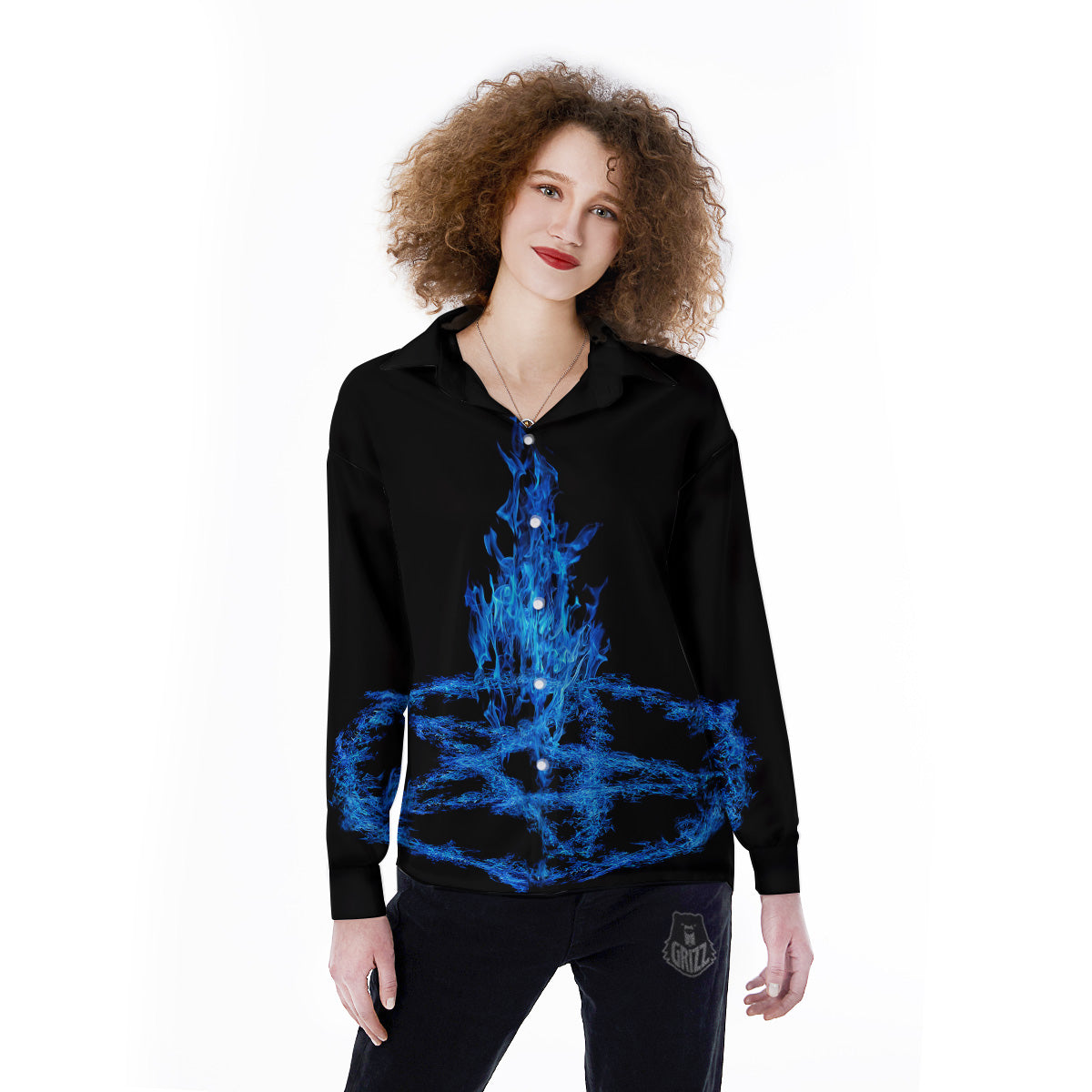 Pentagram Blue Flame Print Women's Long Sleeve Shirts-grizzshop