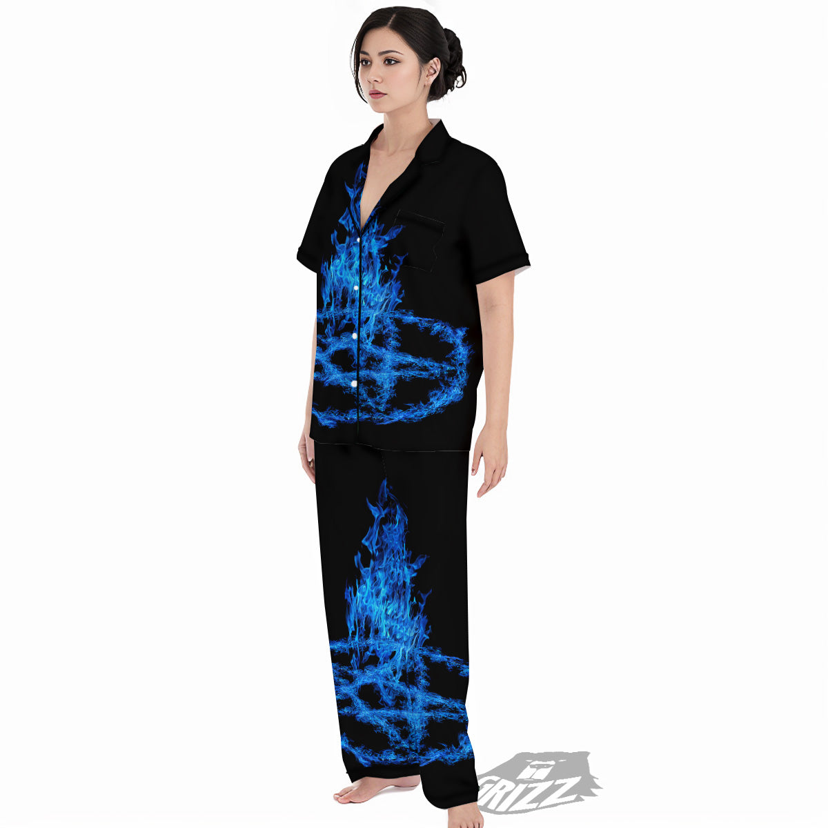 Pentagram Blue Flame Print Women's Pajamas Set-grizzshop