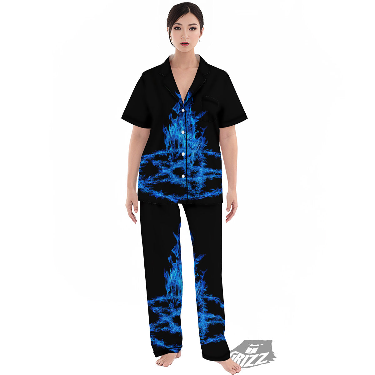 Pentagram Blue Flame Print Women's Pajamas Set-grizzshop