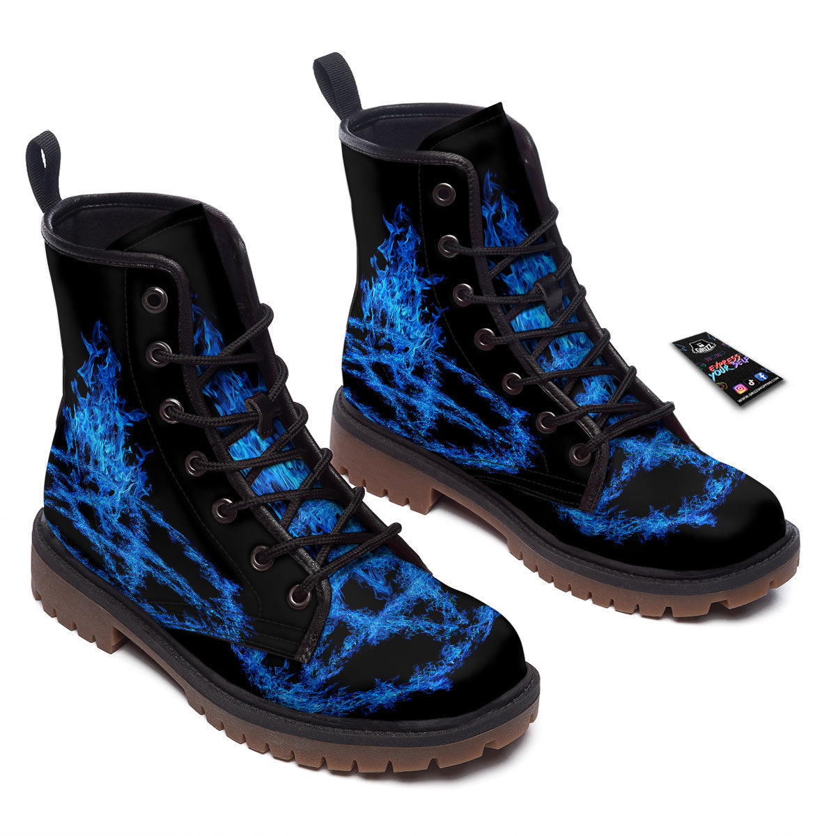 Pentagram Blue Flame Print Work Boots-grizzshop