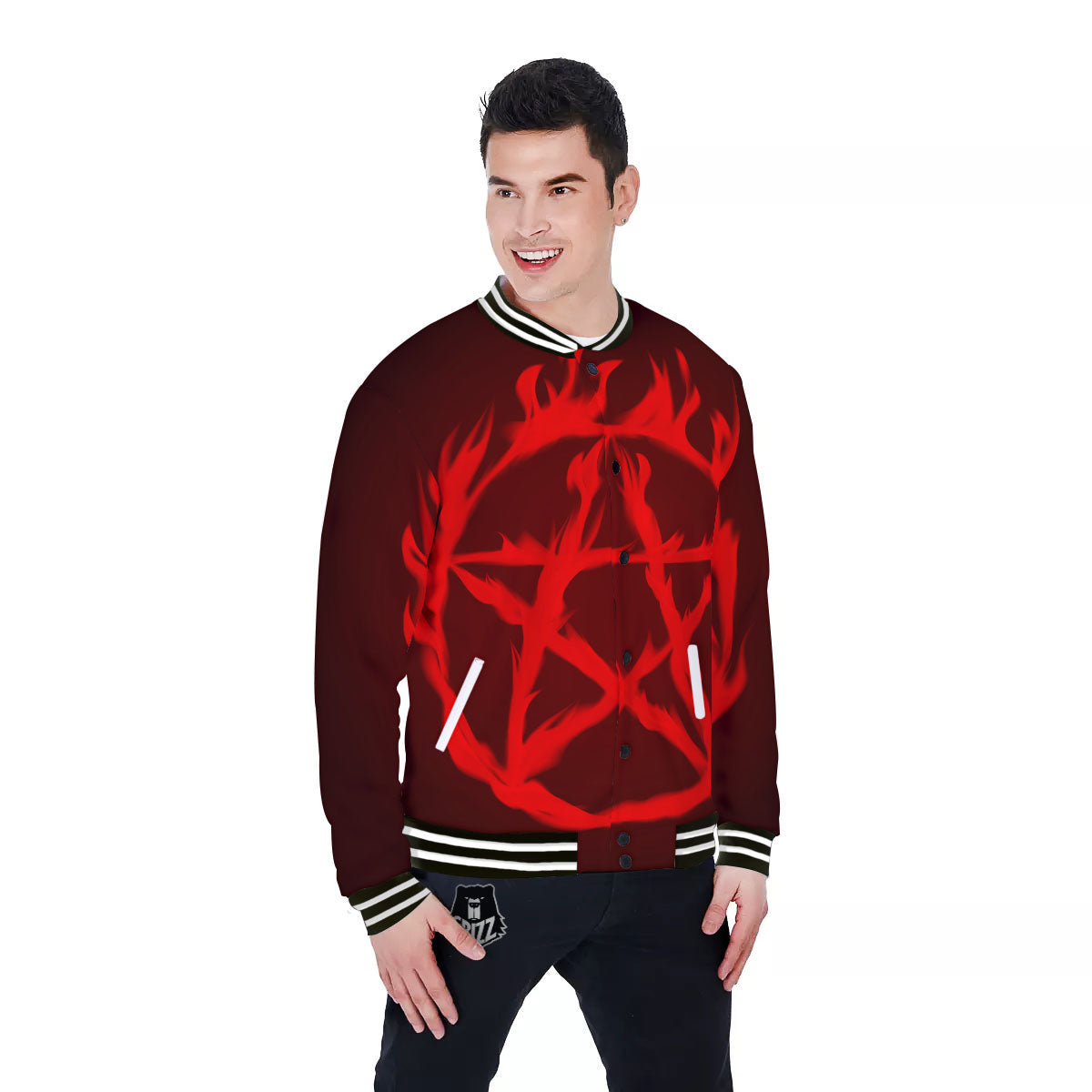Pentagram Fiery Reversed Print Baseball Jacket-grizzshop