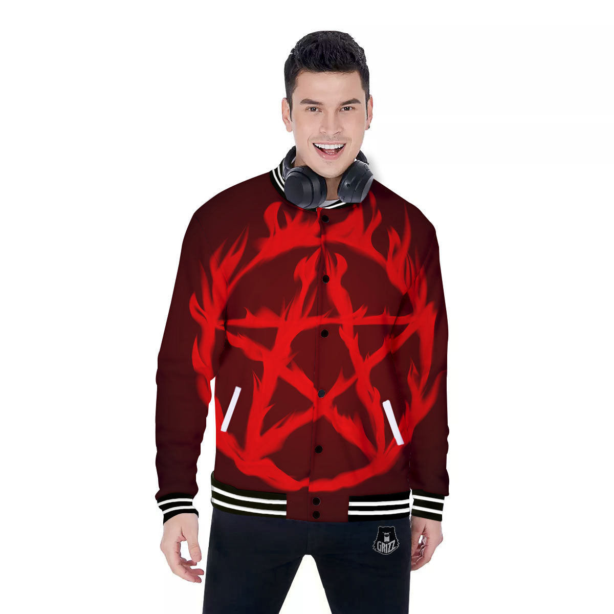 Pentagram Fiery Reversed Print Baseball Jacket-grizzshop