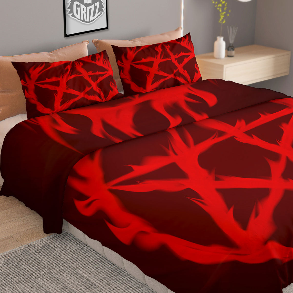 Pentagram Fiery Reversed Print Duvet Cover Bedding Set