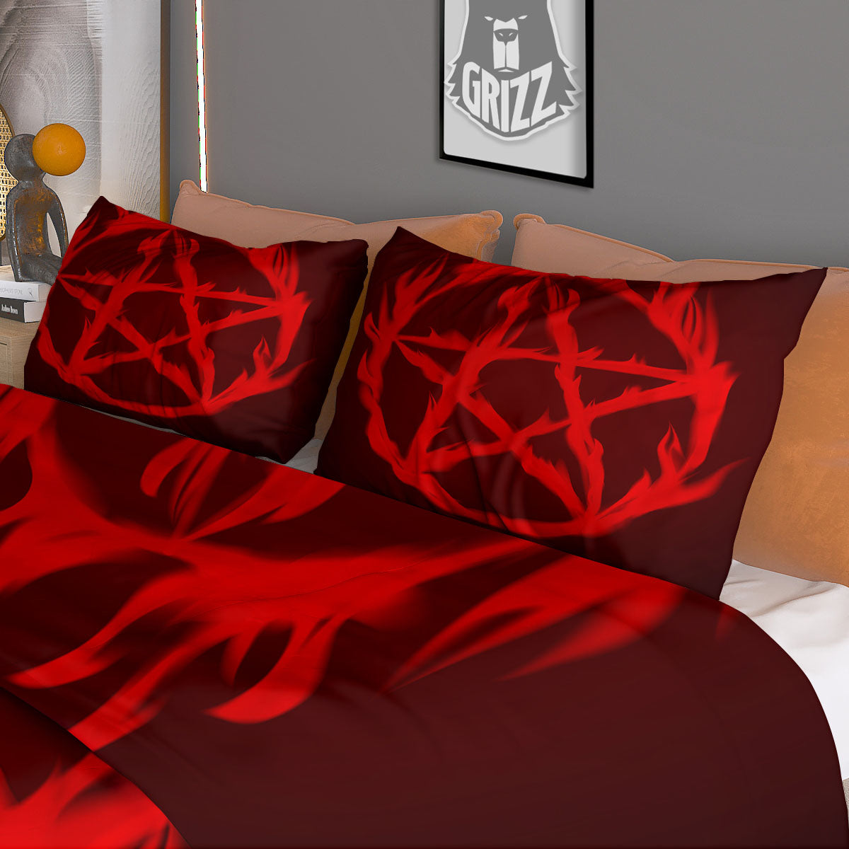 Pentagram Fiery Reversed Print Duvet Cover Bedding Set