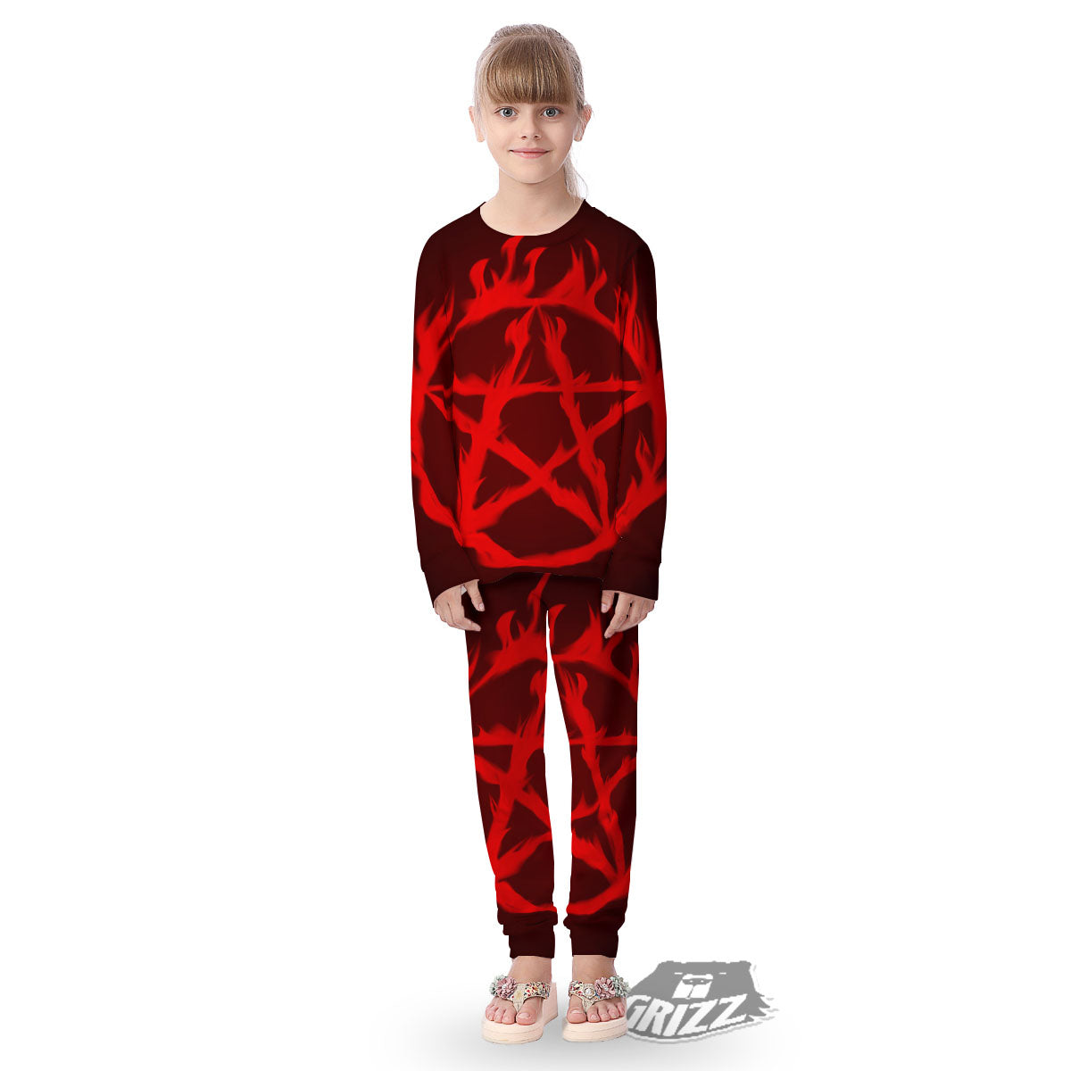 Pentagram Fiery Reversed Print Kid's Pajamas-grizzshop