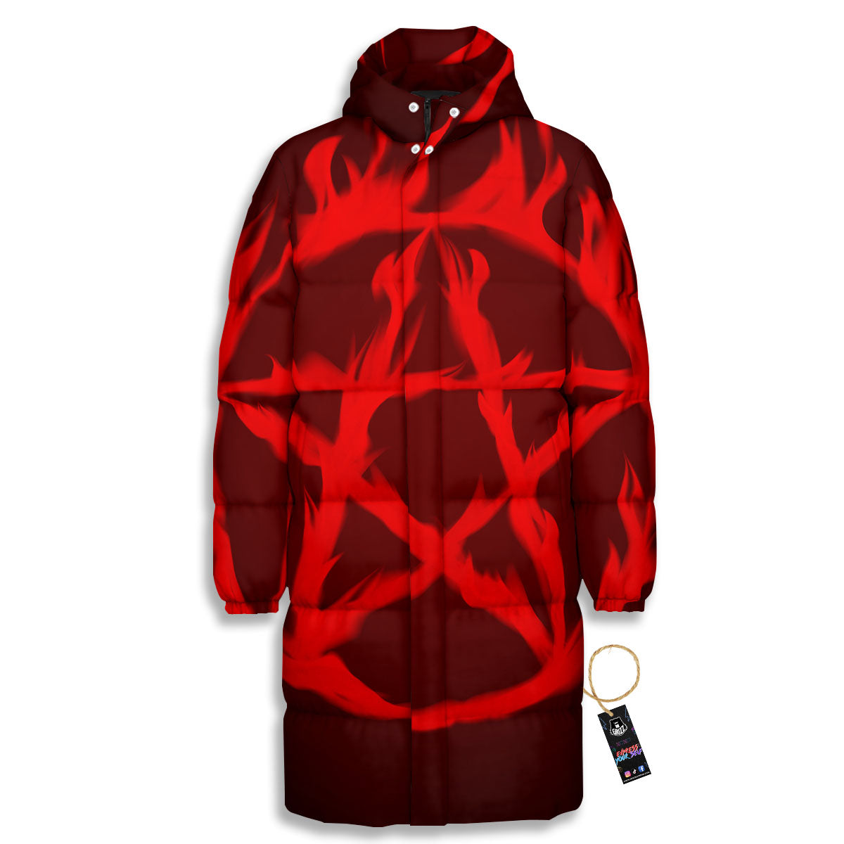 Pentagram Fiery Reversed Print Long Down Jacket-grizzshop