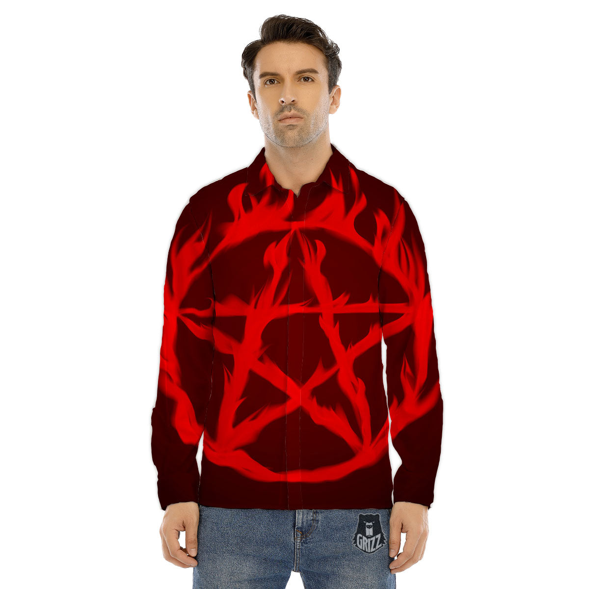 Pentagram Fiery Reversed Print Men's Dress Shirts-grizzshop